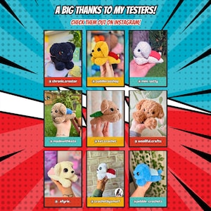 May include: A collection of nine crocheted animal toys, such as dogs and a turtle, in different colours. The image features the text "A BIG THANKS TO MY TESTERS! CHECK THEM OUT ON INSTAGRAM!" and the Instagram handles of the creators.