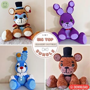 May include: A crochet pattern bundle featuring four different characters from the Big Top. The characters are a purple bunny, a brown bear, a blue bunny, and a brown bear with a red and yellow costume. The pattern is titled "4 in 1 Big Top Crochet Pattern Bundle".