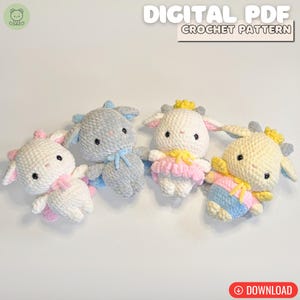 May include: Four handmade crochet lamb dolls in white, light blue, and yellow. Each lamb has a unique outfit, including bows and frills. The image includes the text "DIGITAL PDF CROCHET PATTERN".