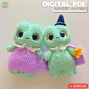 May include: Two mint green crocheted frog plushies with large glittery eyes. One wears a purple dress with a white collar, the other a purple cape, a black witch hat, and holds a yellow star. Text reads: DIGITAL PDF CROCHET PATTERN.
