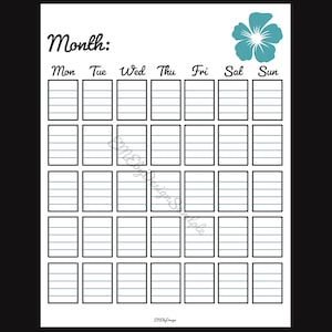 Puede incluir: Una plantilla de calendario mensual imprimible con un gráfico de flor turquesa en la parte superior. El calendario está dividido en siete columnas para cada día de la semana, con los días etiquetados como "Lun", "Mar", "Mié", "Jue", "Vie", "Sáb", y "Dom".