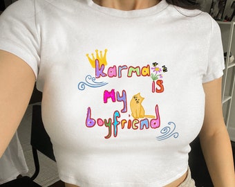 Swiftie Inspired "Karma is My Boyfriend" Crop Top - Women's Graphic Tee with Song Lyrics - Summer Fashion for Swifties