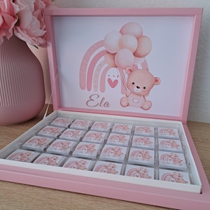 Schokobox personalisiert mit verschiedenen Motiven - Teddy Bär mit ballons für Kindergeburtstag, Babyshower oder Neugeborenen Gastgeschenk