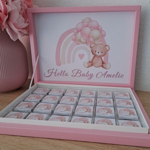 Schokobox personalisiert mit verschiedenen Motiven - Teddy Bär mit ballons für Kindergeburtstag, Babyshower oder Neugeborenen Gastgeschenk