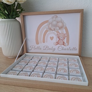 Schokobox personalisiert mit verschiedenen Motiven - Teddy Bär mit ballons für Kindergeburtstag, Babyshower oder Neugeborenen Gastgeschenk