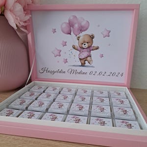 Schokobox personalisiert mit verschiedenen Motiven - Teddy Bär mit ballons für Kindergeburtstag, Babyshower oder Neugeborenen Gastgeschenk
