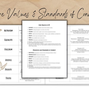 May include: A document with the title "Core Values & Standards of Conduct". The document lists core values such as altruism, equality, freedom, justice, and integrity. It also includes a section on principles and standards of conduct.