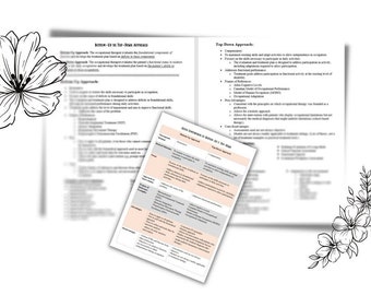 May include: A collection of printed documents, including a comparison chart and detailed text, likely related to occupational therapy. The documents are arranged on a white background, with floral line art accents in the corners and a large flower on the left.