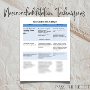 May include: A white paper titled "Neurorehabilitation Techniques" with a table detailing techniques, theory, and applications. The text includes "Neurodevelopmental Technique/Bobath Approach (NDT)" and "Pass the NBCOT" at the bottom. The background is a textured, off-white color.