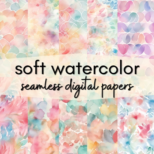 Soft Watercolor Textures - 12 Pastel Watercolor Backgrounds - Seamless Designs and Patterns for Cards, Journals, Scrapbooks - Commercial Use