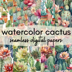 Watercolor Cactus - 12 Cactus Watercolor Backgrounds - Seamless Designs and Patterns - Use in Scrapbooks, Journals, Cards  - Commercial Use