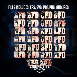 May include: A set of 26 alphabet letters in a bold, blocky font, each letter is styled with the American flag colors of red, white, and blue. The letters are outlined in gold. The letters are arranged in alphabetical order, with the letters "A" through "Z" displayed in rows. The text "FILES INCLUDES: EPS, SVG, PDF, PNG, AND JPEG" is at the top of the image. The text "ENGINE LIFE" is at the bottom of the image, with a stylized fire engine logo below it.