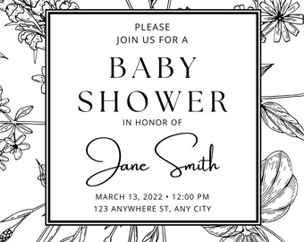 Black and White Baby Shower Invite, Digital Download