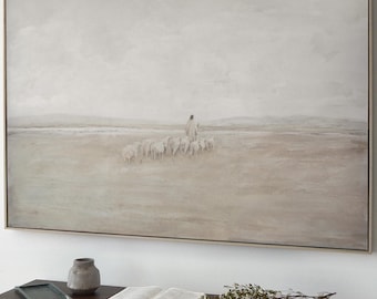 The Good Shepherd Framed Canvas Art, John 10:11 Painting, Beige Modern Christian Wall Art