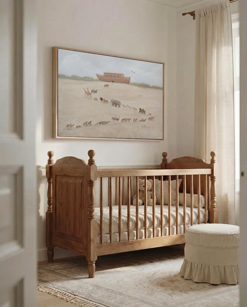May include: A rectangular wall art print featuring a Noah's Ark scene with a wooden boat and various animals walking in a line across a sandy landscape, framed in a light-colored wood frame and displayed above a wooden crib with vertical slats.