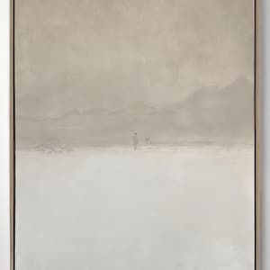 Jesus Leaves the 99 Vertical Framed Art, Modern Christian Lost Sheep Painting, Neutral Beige