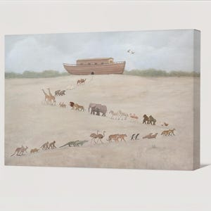 May include: A canvas print depicting a procession of animals, including giraffes, elephants, and lions, walking towards a wooden ark. The artwork features a neutral color palette with a light brown landscape and a cloudy sky.