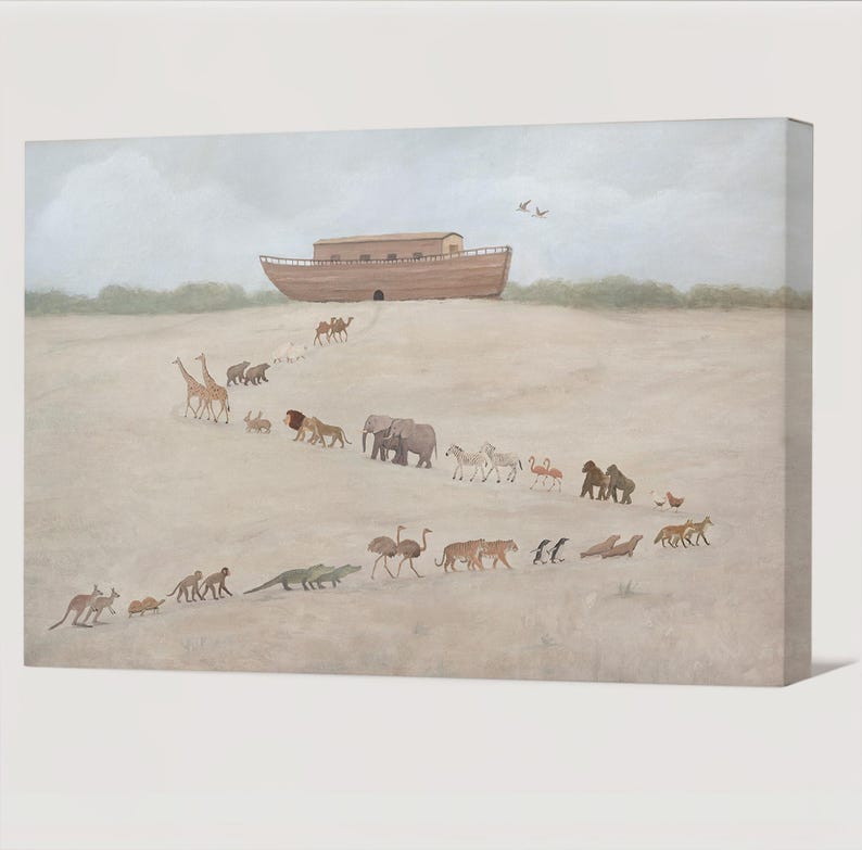 May include: A canvas print depicting a procession of animals, including giraffes, elephants, and lions, walking towards a wooden ark. The artwork features a neutral color palette with a light brown landscape and a cloudy sky.