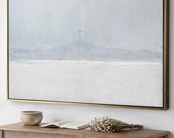 Cross On The Hill Framed Canvas Art, Calvary Painting, Modern Christian Soft Blue Wall Art