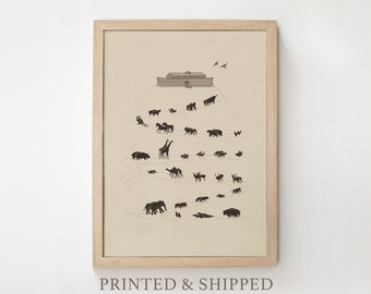 Noah&#39;s Ark, Framed Art Print Two of Every Animal, Sketches Jesus Art Bible Elephant Wall Art Christian Faith Baby Nursery Child Bedroom Gift