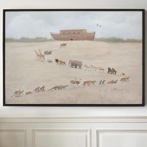 May include: A framed painting depicts Noah's Ark on a hill, with pairs of animals walking towards it. The animals include giraffes, lions, elephants, zebras, and kangaroos. The artwork is set against a neutral background.