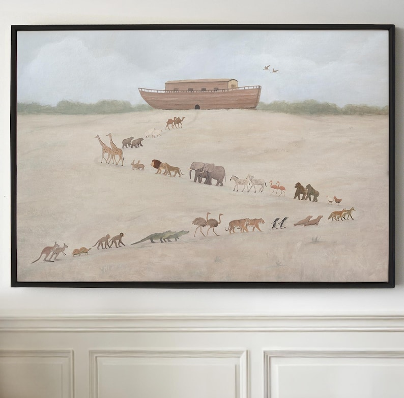 May include: A framed painting depicts Noah's Ark on a hill, with pairs of animals walking towards it. The animals include giraffes, lions, elephants, zebras, and kangaroos. The artwork is set against a neutral background.