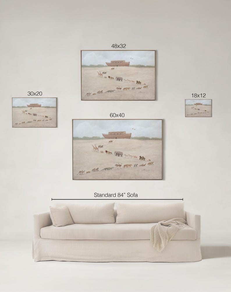 May include: Artwork featuring a framed painting of animals walking towards a wooden ark. The painting is set against a beige background. The image includes four framed paintings of different sizes, and a beige sofa.