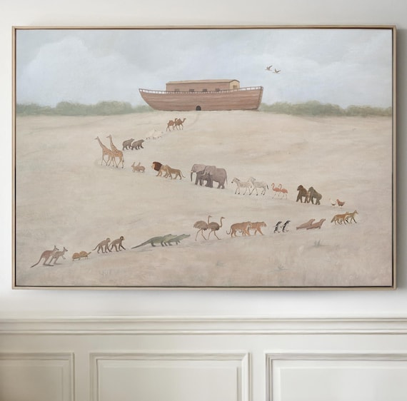 Noah’s Ark Framed Canvas Art | Bible Story Animals Nursery Christian Home Decor