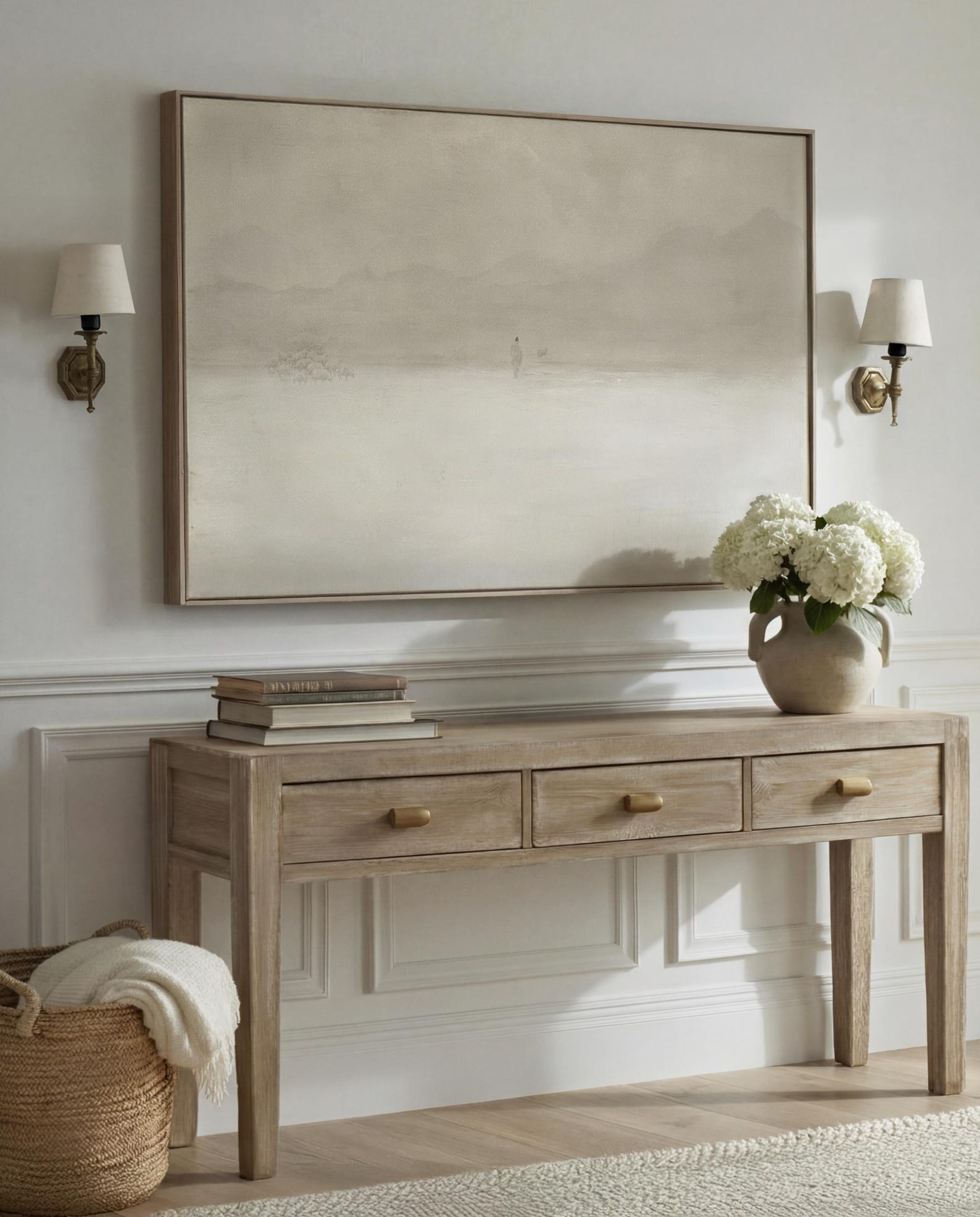 Jesus Leaves the 99 Framed Canvas Art, Modern Christian Lost Sheep Painting, Neutral Beige - Light Wood, 48" x 32"