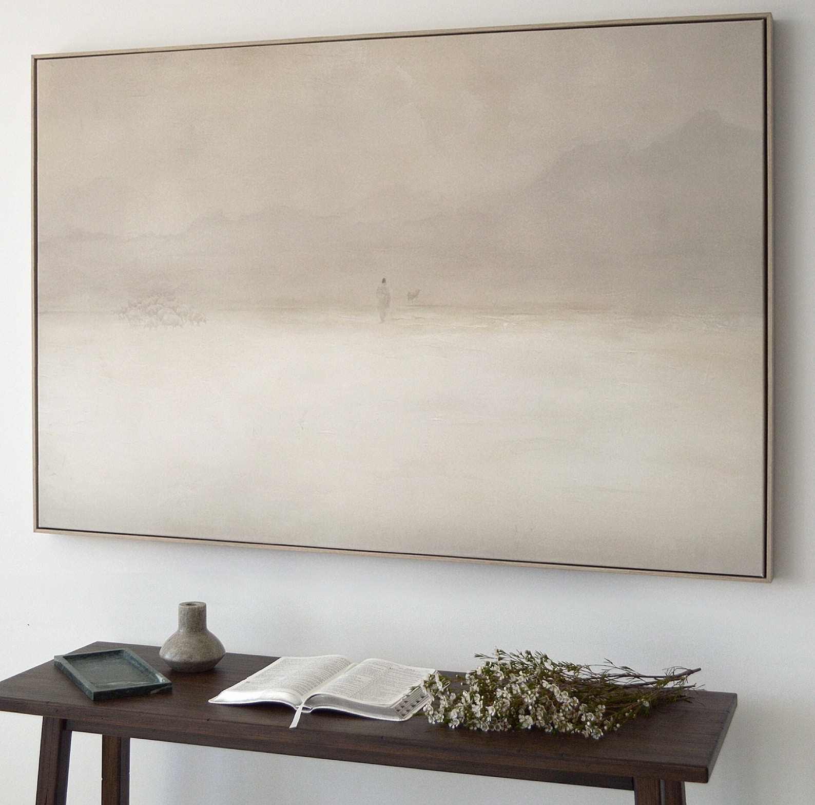 Jesus Leaves the 99 Framed Canvas Art, Modern Christian Lost Sheep Painting, Neutral Beige
