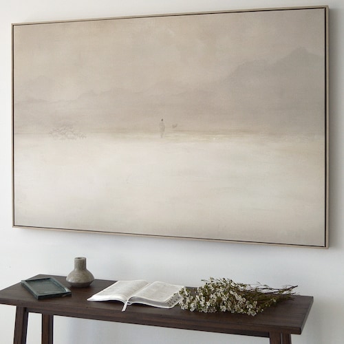 Jesus Leaves the 99 Framed Canvas Art, Modern Christian Lost Sheep Painting, Neutral Beige