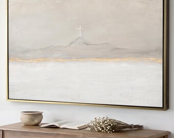 Cross On The Hill Framed Canvas Art, Calvary Painting, Modern Christian Beige Gold Wall Art