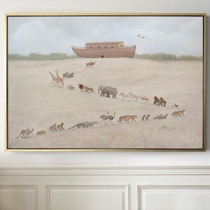 May include: A framed painting depicts a brown ark on a hill, with pairs of animals walking towards it. The animals include giraffes, lions, elephants, zebras, and kangaroos. The artwork has a neutral color palette with a gold frame.