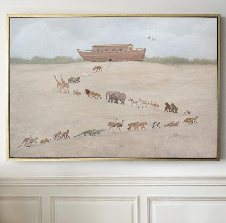 May include: A framed painting depicts a brown ark on a hill, with pairs of animals walking towards it. The animals include giraffes, lions, elephants, zebras, and kangaroos. The artwork has a neutral color palette with a gold frame.