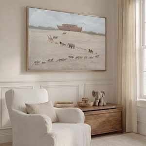 May include: A rectangular wall art print in a thin gold frame depicting a large wooden ark resting on a sandy hill with a procession of various animals walking toward it in a line against a soft, muted sky with light clouds and distant greenery.