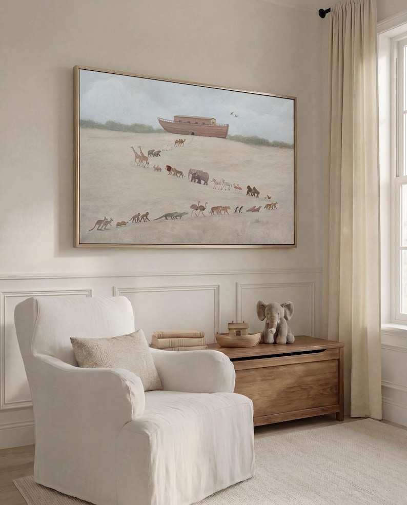 May include: A rectangular wall art print in a thin gold frame depicting a large wooden ark resting on a sandy hill with a procession of various animals walking toward it in a line against a soft, muted sky with light clouds and distant greenery.