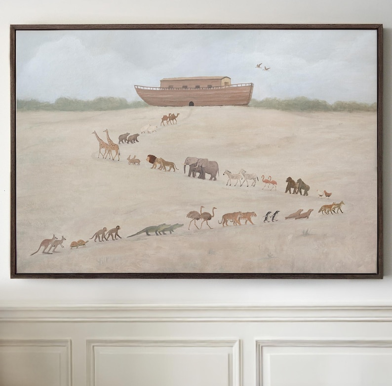 May include: A framed painting depicts a wooden ark on a hill, with pairs of animals walking towards it. The animals include giraffes, lions, elephants, zebras, and more. The artwork has a neutral color palette with a brown frame.