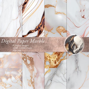 May include: Digital paper marble set with 8 images, each 4500 x 4500 pixels, 300 DPI. The images feature a white background with pink and gold marble patterns.