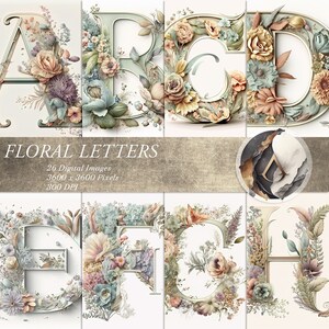 Cartas florales digitales - Arte imprimible para álbum de recortes, invitaciones de boda, fondo y más - Descargar para uso comercial, tamaño personalizado