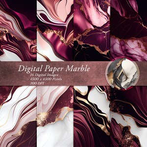 May include: Set of 16 digital paper designs featuring abstract marble patterns in shades of burgundy, pink, and white with gold accents.  Digital Paper Marble, 4500 x 4500 Pixels, 300 DPI.