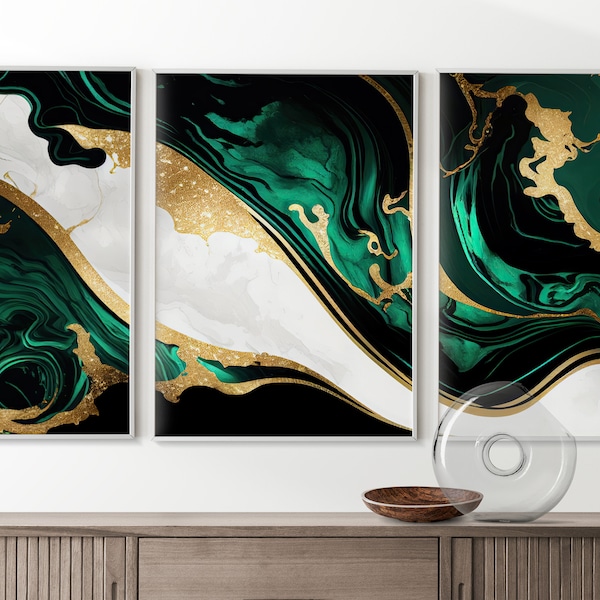 Digital Paper of 3 Wall Art - 3 Piece Wall Art Set of Prints Modern Emerald Green Marble Wall Art, Abstract Set Modern Minimalist Art