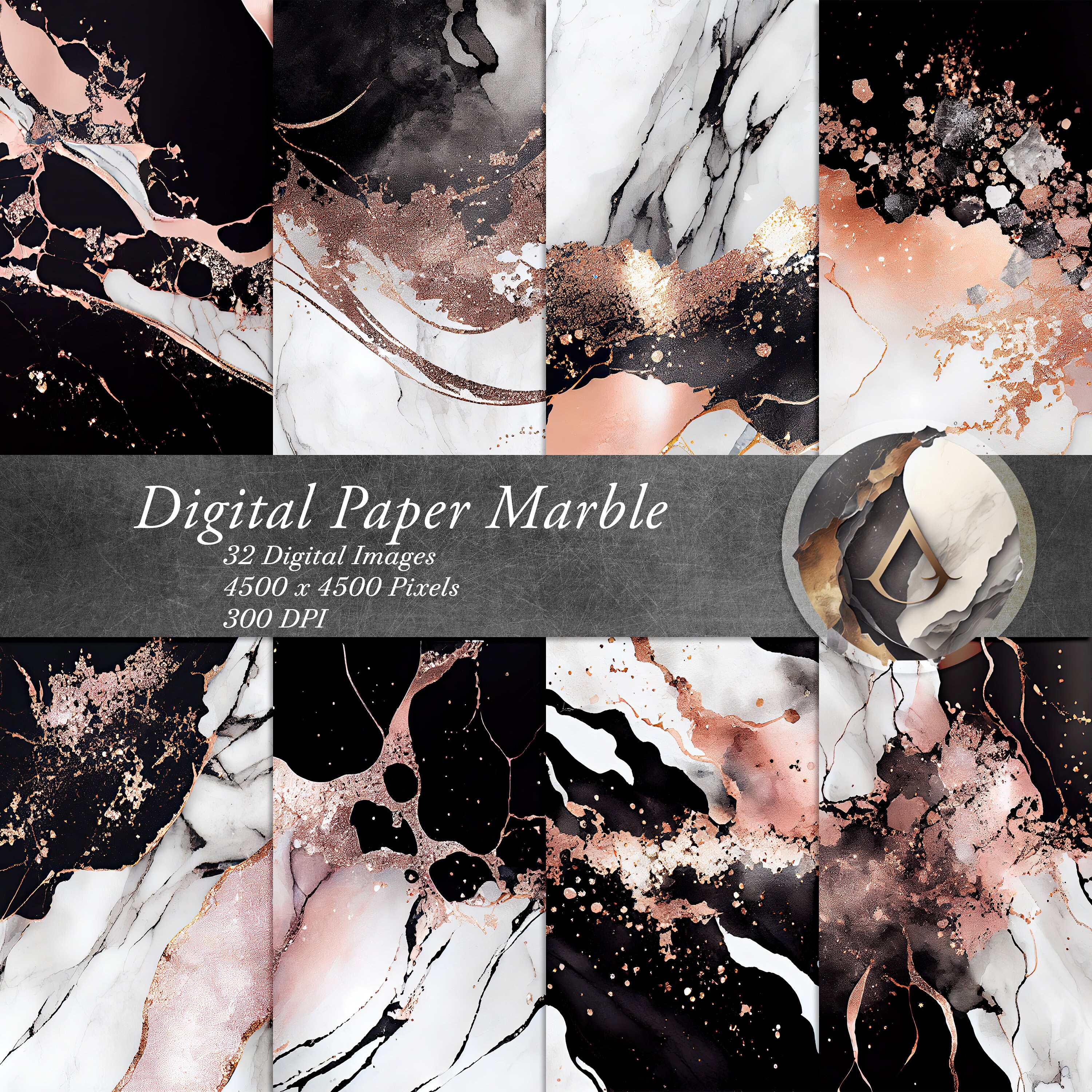 Black and Rose Gold Marble Digital Art Paper - Perfect for Designing ...