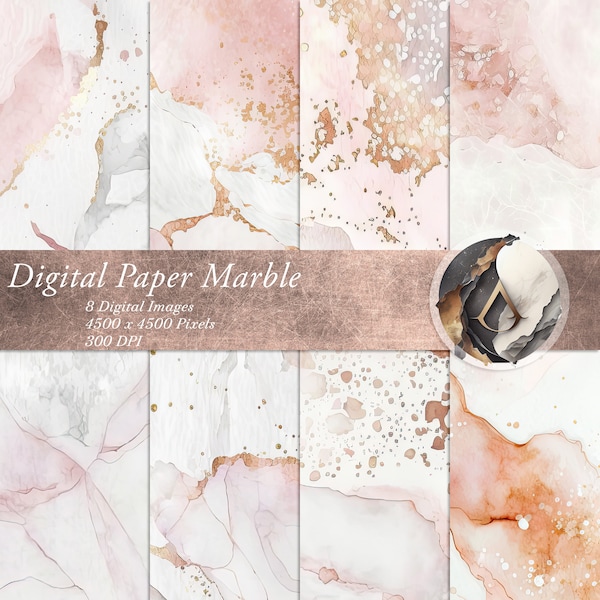 Rose Gold Marble Digital Paper Printable paper for Scrapbook, Wedding Invitations, and More - Commercial Use, Custom Size Request