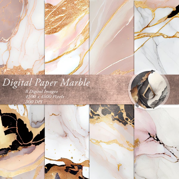 Rose Gold Marble Digital Paper Printable paper for Scrapbook, Wedding Invitations, and More - Commercial Use, Custom Size Request