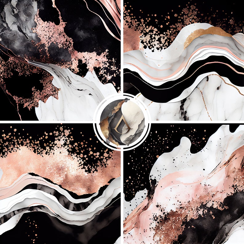 Black and Rose Gold Marble Digital Art Paper - Perfect for Designing ...