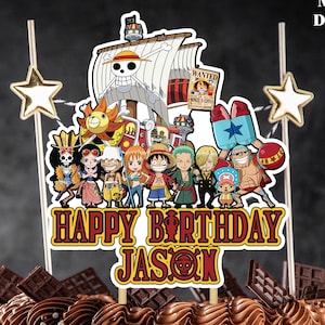 May include: A chocolate birthday cake with a custom cake topper featuring cartoon characters and the text "HAPPY BIRTHDAY JASON". Includes 8 cupcake toppers and a number 23. The cake is on a glass cake stand.