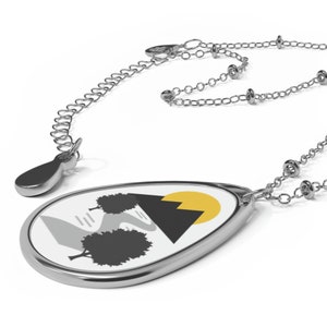 Oval Necklace Graphic Stream Mountain Sun tree Design