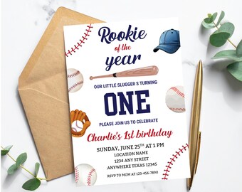 Baseball Rookie of the Year 1st Birthday Invitation (Editable PDF)