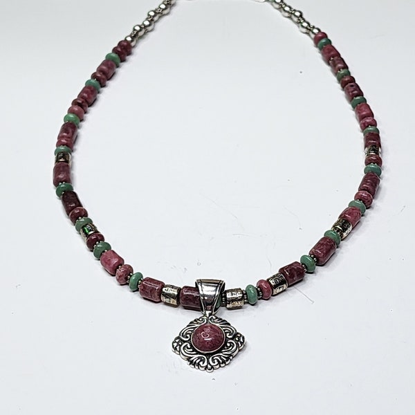 Carolyn Pollack Sterling Silver, Rhodonite and Turquoise Necklace with Pendant.
