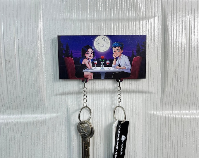 Featured listing image: Moonlit Date Night Key Holder – Romantic Couple Wooden Wall Hook, Handmade Gift